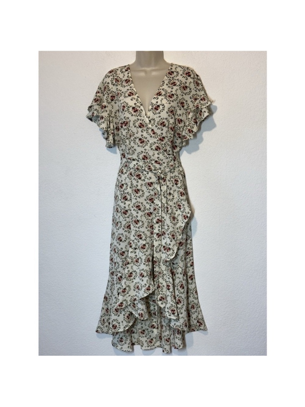 Max Studio Cream Floral Wrap Midi Dress